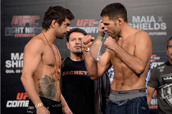 BARUERI, BRAZIL - OCTOBER 8: (L-R) Yan Cabral and David Mitchell face off during the UFC Fight Night: Maia v Shields weigh-in at the Ginasio Jose Correa on October 8, 2013 in Barueri, Sao Paulo, Brazil. (Photo by Jeff Bottari/Zuffa LLC/Zuffa LLC via Gett
