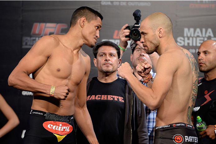 BARUERI, BRAZIL - OCTOBER 8: (L-R) Ildemar Alcantara and Igor Araujo face off during the UFC Fight Night: Maia v Shields weigh-in at the Ginasio Jose Correa on October 8, 2013 in Barueri, Sao Paulo, Brazil. (Photo by Jeff Bottari/Zuffa LLC/Zuffa LLC via