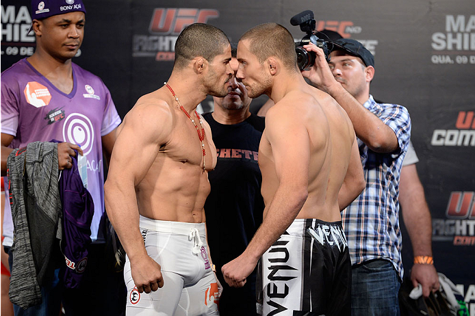 BARUERI, BRAZIL - OCTOBER 8: (L-R) Rousimar Palhares and Mike Pierce face off during the UFC Fight Night: Maia v Shields weigh-in at the Ginasio Jose Correa on October 8, 2013 in Barueri, Sao Paulo, Brazil. (Photo by Jeff Bottari/Zuffa LLC/Zuffa LLC via
