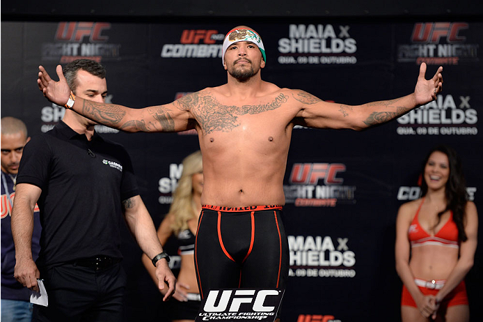 BARUERI, BRAZIL - OCTOBER 8: Joey Beltran weighs-in during the UFC Fight Night: Maia v Shields weigh-in at the Ginasio Jose Correa on October 8, 2013 in Barueri, Sao Paulo, Brazil. (Photo by Jeff Bottari/Zuffa LLC/Zuffa LLC via Getty Images)