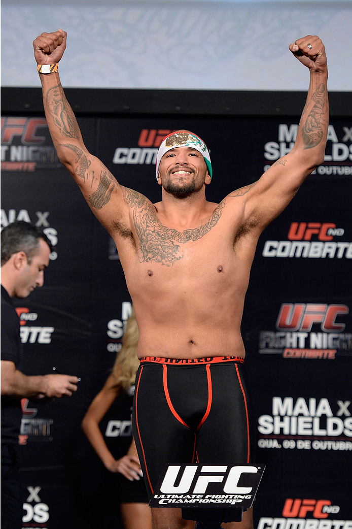 BARUERI, BRAZIL - OCTOBER 8: Joey Beltran weighs-in during the UFC Fight Night: Maia v Shields weigh-in at the Ginasio Jose Correa on October 8, 2013 in Barueri, Sao Paulo, Brazil. (Photo by Jeff Bottari/Zuffa LLC/Zuffa LLC via Getty Images)