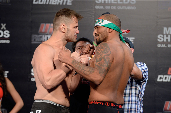 BARUERI, BRAZIL - OCTOBER 8: (L-R) Fabio Maldonado and Joey Beltran face off during the UFC Fight Night: Maia v Shields weigh-in at the Ginasio Jose Correa on October 8, 2013 in Barueri, Sao Paulo, Brazil. (Photo by Jeff Bottari/Zuffa LLC/Zuffa LLC via G