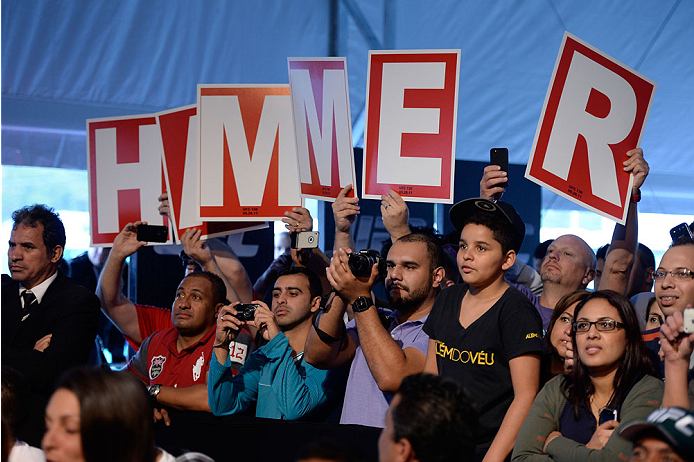 BARUERI, BRAZIL - OCTOBER 8: Fans of Matt Hamill (not pictured) cheer for the fighter during the UFC Fight Night: Maia v Shields weigh-in at the Ginasio Jose Correa on October 8, 2013 in Barueri, Sao Paulo, Brazil. (Photo by Jeff Bottari/Zuffa LLC/Zuffa