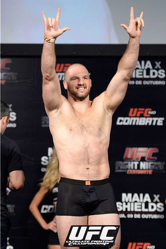 BARUERI, BRAZIL - OCTOBER 8: Matt Hamill weighs-in during the UFC Fight Night: Maia v Shields weigh-in at the Ginasio Jose Correa on October 8, 2013 in Barueri, Sao Paulo, Brazil. (Photo by Jeff Bottari/Zuffa LLC/Zuffa LLC via Getty Images)
