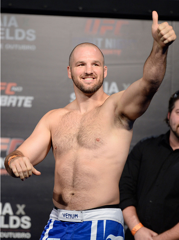 BARUERI, BRAZIL - OCTOBER 8: Matt Hamill acknowledges the fans during the UFC Fight Night: Maia v Shields weigh-in at the Ginasio Jose Correa on October 8, 2013 in Barueri, Sao Paulo, Brazil. (Photo by Jeff Bottari/Zuffa LLC/Zuffa LLC via Getty Images)