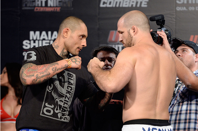 BARUERI, BRAZIL - OCTOBER 8: (L-R) Thiago Silva and Matt Hamill face off during the UFC Fight Night: Maia v Shields weigh-in at the Ginasio Jose Correa on October 8, 2013 in Barueri, Sao Paulo, Brazil. (Photo by Jeff Bottari/Zuffa LLC/Zuffa LLC via Getty
