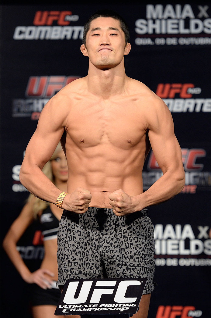 BARUERI, BRAZIL - OCTOBER 8: Dong Hyun Kim weighs-in during the UFC Fight Night: Maia v Shields weigh-in at the Ginasio Jose Correa on October 8, 2013 in Barueri, Sao Paulo, Brazil. (Photo by Jeff Bottari/Zuffa LLC/Zuffa LLC via Getty Images)