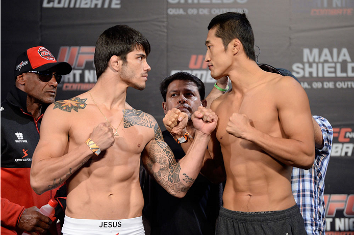 BARUERI, BRAZIL - OCTOBER 8: (L-R) Erick Silva and Dong Hyun Kim face off during the UFC Fight Night: Maia v Shields weigh-in at the Ginasio Jose Correa on October 8, 2013 in Barueri, Sao Paulo, Brazil. (Photo by Jeff Bottari/Zuffa LLC/Zuffa LLC via Gett