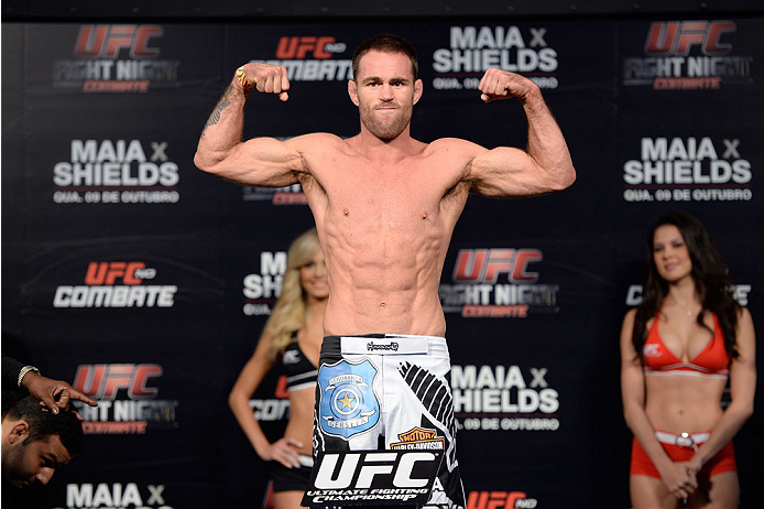 BARUERI, BRAZIL - OCTOBER 8: Jake Shields weighs-in during the UFC Fight Night: Maia v Shields weigh-in at the Ginasio Jose Correa on October 8, 2013 in Barueri, Sao Paulo, Brazil. (Photo by Jeff Bottari/Zuffa LLC/Zuffa LLC via Getty Images)