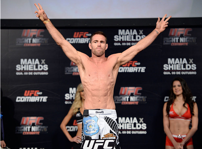 BARUERI, BRAZIL - OCTOBER 8: Jake Shields weighs-in during the UFC Fight Night: Maia v Shields weigh-in at the Ginasio Jose Correa on October 8, 2013 in Barueri, Sao Paulo, Brazil. (Photo by Jeff Bottari/Zuffa LLC/Zuffa LLC via Getty Images)