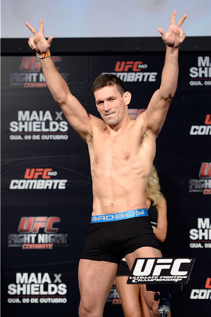 BARUERI, BRAZIL - OCTOBER 8: Demian Maia acknowledges the fans during the UFC Fight Night: Maia v Shields weigh-in at the Ginasio Jose Correa on October 8, 2013 in Barueri, Sao Paulo, Brazil. (Photo by Jeff Bottari/Zuffa LLC/Zuffa LLC via Getty Images)