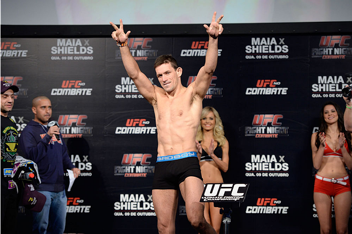BARUERI, BRAZIL - OCTOBER 8: Demian Maia acknowledges the fans during the UFC Fight Night: Maia v Shields weigh-in at the Ginasio Jose Correa on October 8, 2013 in Barueri, Sao Paulo, Brazil. (Photo by Jeff Bottari/Zuffa LLC/Zuffa LLC via Getty Images)