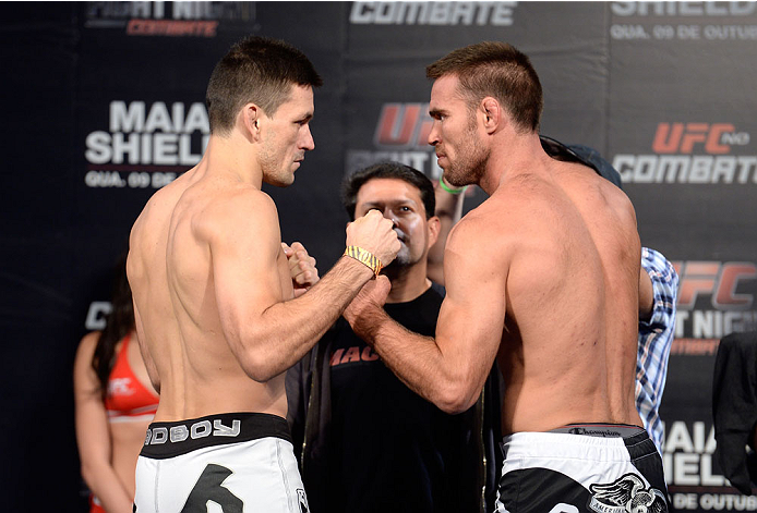 BARUERI, BRAZIL - OCTOBER 8: (L-R) Demian Maia and Jake Shields face off during the UFC Fight Night: Maia v Shields weigh-in at the Ginasio Jose Correa on October 8, 2013 in Barueri, Sao Paulo, Brazil. (Photo by Jeff Bottari/Zuffa LLC/Zuffa LLC via Getty