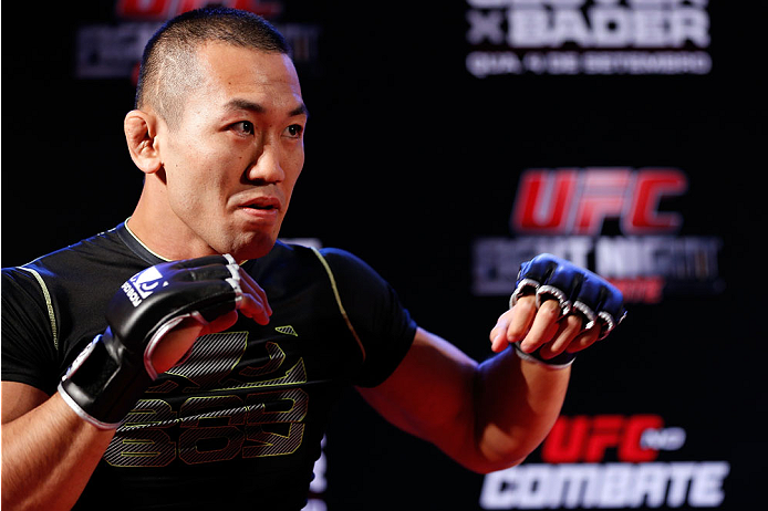 BELO HORIZONTE, BRAZIL - SEPTEMBER 02: Yushin Okami holds an open training session for media at the Ouro Minas Palace Hotel on September 2, 2013 in Belo Horizonte, Brazil. (Photo by Josh Hedges/Zuffa LLC/Zuffa LLC via Getty Images)