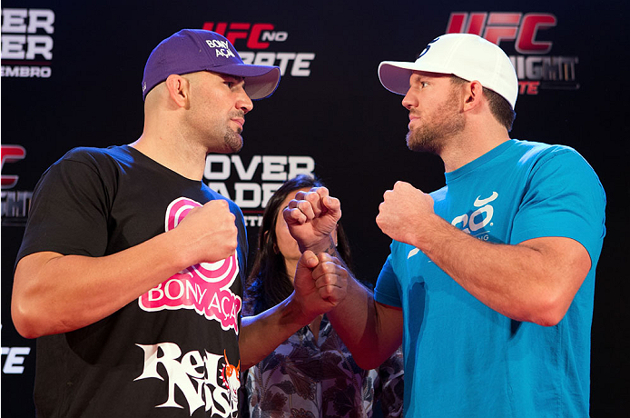 BELO HORIZONTE, BRAZIL - SEPTEMBER 02: (L-R) Opponents Glover Teixeira and Ryan Bader face off after an open training session for media at the Ouro Minas Palace Hotel on September 2, 2013 in Belo Horizonte, Brazil. (Photo by Josh Hedges/Zuffa LLC/Zuffa L