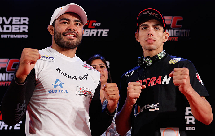 BELO HORIZONTE, BRAZIL - SEPTEMBER 02: (L-R) Rafael Natal and Lucas Martins pose for photos after an open training session for media at the Ouro Minas Palace Hotel on September 2, 2013 in Belo Horizonte, Brazil. (Photo by Josh Hedges/Zuffa LLC/Zuffa LLC