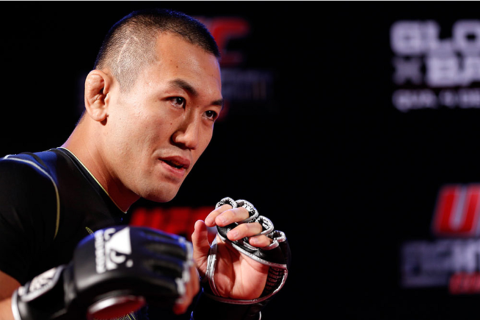 BELO HORIZONTE, BRAZIL - SEPTEMBER 02: Yushin Okami holds an open training session for media at the Ouro Minas Palace Hotel on September 2, 2013 in Belo Horizonte, Brazil. (Photo by Josh Hedges/Zuffa LLC/Zuffa LLC via Getty Images)