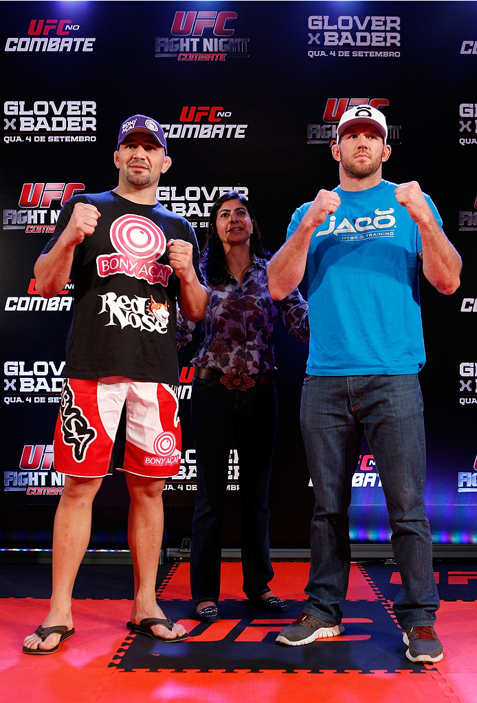 BELO HORIZONTE, BRAZIL - SEPTEMBER 02: (L-R) Opponents Glover Teixeira and Ryan Bader pose for photos after an open training session for media at the Ouro Minas Palace Hotel on September 2, 2013 in Belo Horizonte, Brazil. (Photo by Josh Hedges/Zuffa LLC/