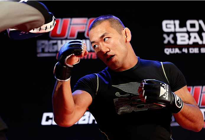 BELO HORIZONTE, BRAZIL - SEPTEMBER 02: Yushin Okami holds an open training session for media at the Ouro Minas Palace Hotel on September 2, 2013 in Belo Horizonte, Brazil. (Photo by Josh Hedges/Zuffa LLC/Zuffa LLC via Getty Images)