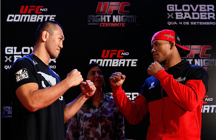 BELO HORIZONTE, BRAZIL - SEPTEMBER 02: (L-R) Opponents Yushin Okami and Ronaldo "Jacare" Souza face off after an open training session for media at the Ouro Minas Palace Hotel on September 2, 2013 in Belo Horizonte, Brazil. (Photo by Josh Hedges/Zuffa LL