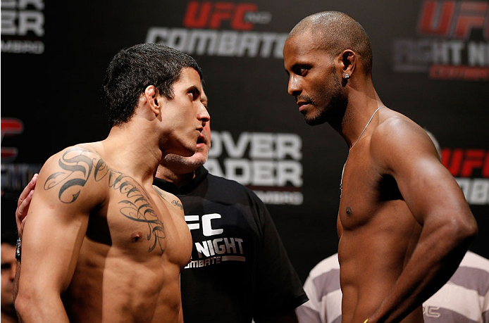 BELO HORIZONTE, BRAZIL - SEPTEMBER 03: (L-R) Opponents Felipe Arantes and Kevin Souza face off during the UFC weigh-in event at Mineirinho Arena on September 3, 2013 in Belo Horizonte, Brazil. (Photo by Josh Hedges/Zuffa LLC/Zuffa LLC via Getty Images)