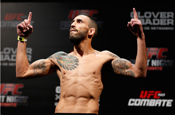 BELO HORIZONTE, BRAZIL - SEPTEMBER 03: Marcos Vinicius weighs in during the UFC weigh-in event at Mineirinho Arena on September 3, 2013 in Belo Horizonte, Brazil. (Photo by Josh Hedges/Zuffa LLC/Zuffa LLC via Getty Images)