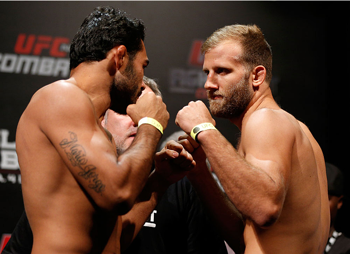 BELO HORIZONTE, BRAZIL - SEPTEMBER 03: (L-R) Opponents Rafael Natal and Tor Troeng face off during the UFC weigh-in event at Mineirinho Arena on September 3, 2013 in Belo Horizonte, Brazil. (Photo by Josh Hedges/Zuffa LLC/Zuffa LLC via Getty Images)