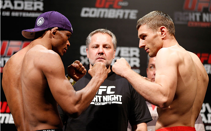BELO HORIZONTE, BRAZIL - SEPTEMBER 03: (L-R) Opponents Francisco Trinaldo and Piotr Hallmann face off during the UFC weigh-in event at Mineirinho Arena on September 3, 2013 in Belo Horizonte, Brazil. (Photo by Josh Hedges/Zuffa LLC/Zuffa LLC via Getty Im