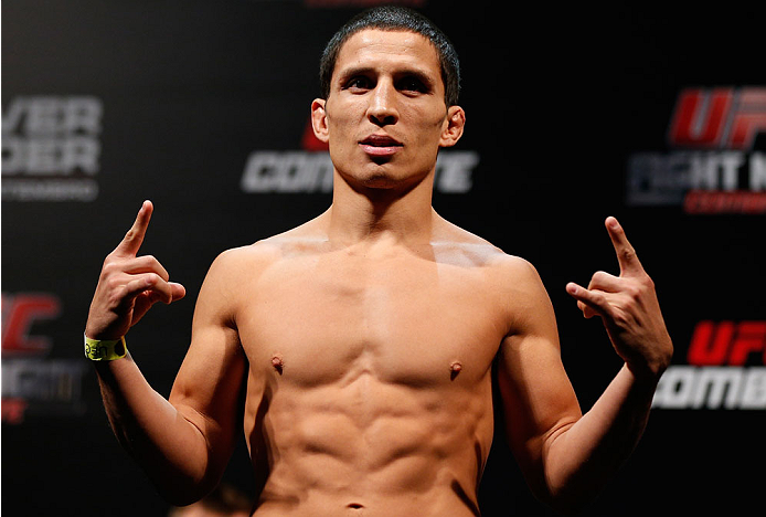 BELO HORIZONTE, BRAZIL - SEPTEMBER 03: Joseph Benavidez weighs in during the UFC weigh-in event at Mineirinho Arena on September 3, 2013 in Belo Horizonte, Brazil. (Photo by Josh Hedges/Zuffa LLC/Zuffa LLC via Getty Images)