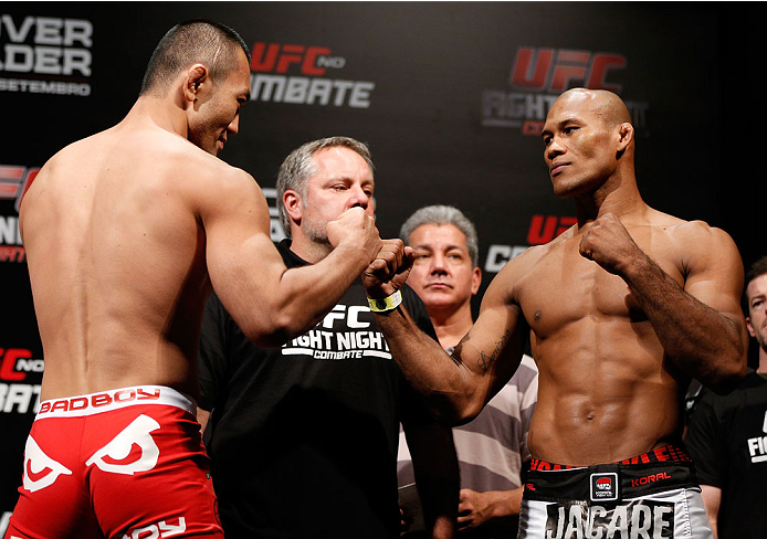 BELO HORIZONTE, BRAZIL - SEPTEMBER 03: (L-R) Opponents Yushin Okami and Ronaldo "Jacare" Souza face off during the UFC weigh-in event at Mineirinho Arena on September 3, 2013 in Belo Horizonte, Brazil. (Photo by Josh Hedges/Zuffa LLC/Zuffa LLC via Getty