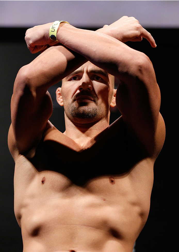 BELO HORIZONTE, BRAZIL - SEPTEMBER 03: Glover Teixeira weighs in during the UFC weigh-in event at Mineirinho Arena on September 3, 2013 in Belo Horizonte, Brazil. (Photo by Josh Hedges/Zuffa LLC/Zuffa LLC via Getty Images)