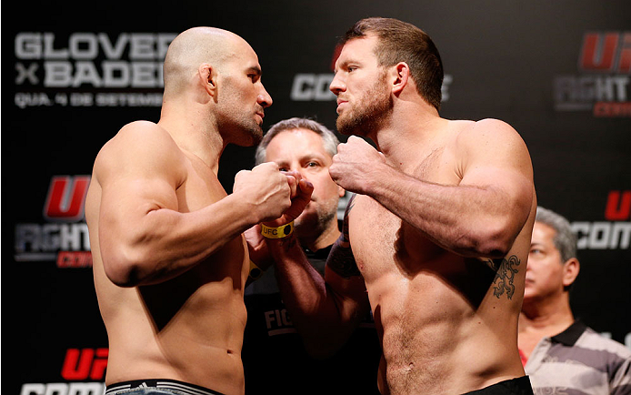 BELO HORIZONTE, BRAZIL - SEPTEMBER 03: (L-R) Opponents Glover Teixeira and Ryan Bader face off during the UFC weigh-in event at Mineirinho Arena on September 3, 2013 in Belo Horizonte, Brazil. (Photo by Josh Hedges/Zuffa LLC/Zuffa LLC via Getty Images)