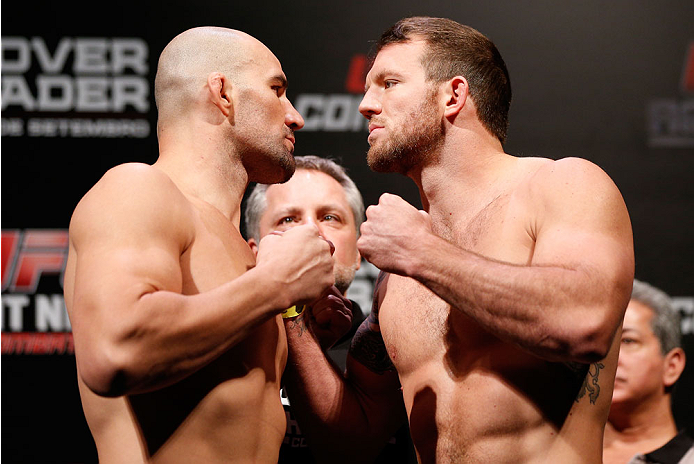 BELO HORIZONTE, BRAZIL - SEPTEMBER 03: (L-R) Opponents Glover Teixeira and Ryan Bader face off during the UFC weigh-in event at Mineirinho Arena on September 3, 2013 in Belo Horizonte, Brazil. (Photo by Josh Hedges/Zuffa LLC/Zuffa LLC via Getty Images)