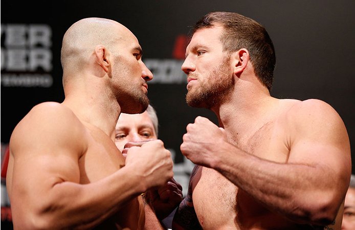 BELO HORIZONTE, BRAZIL - SEPTEMBER 03: (L-R) Opponents Glover Teixeira and Ryan Bader face off during the UFC weigh-in event at Mineirinho Arena on September 3, 2013 in Belo Horizonte, Brazil. (Photo by Josh Hedges/Zuffa LLC/Zuffa LLC via Getty Images)
