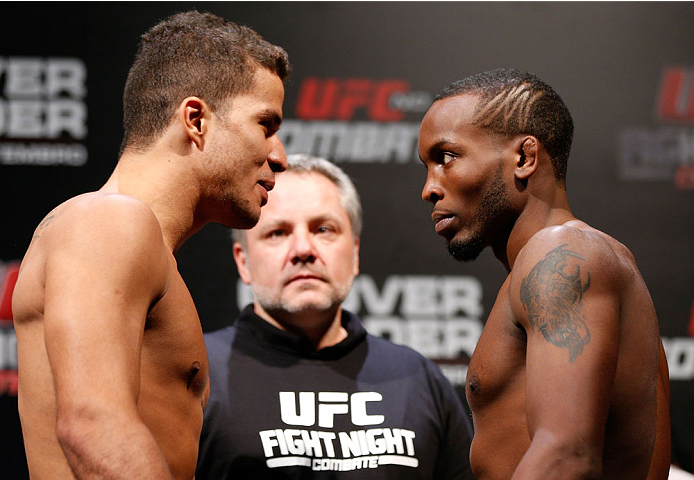 BELO HORIZONTE, BRAZIL - SEPTEMBER 03: (L-R) Opponents Yuri Villefort and Sean Spencer face off during the UFC weigh-in event at Mineirinho Arena on September 3, 2013 in Belo Horizonte, Brazil. (Photo by Josh Hedges/Zuffa LLC/Zuffa LLC via Getty Images)