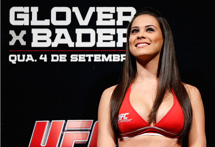 BELO HORIZONTE, BRAZIL - SEPTEMBER 03: UFC Octagon Girl Camila Rodrigues de Oliveira stands on stage during the UFC weigh-in event at Mineirinho Arena on September 3, 2013 in Belo Horizonte, Brazil. (Photo by Josh Hedges/Zuffa LLC/Zuffa LLC via Getty Ima