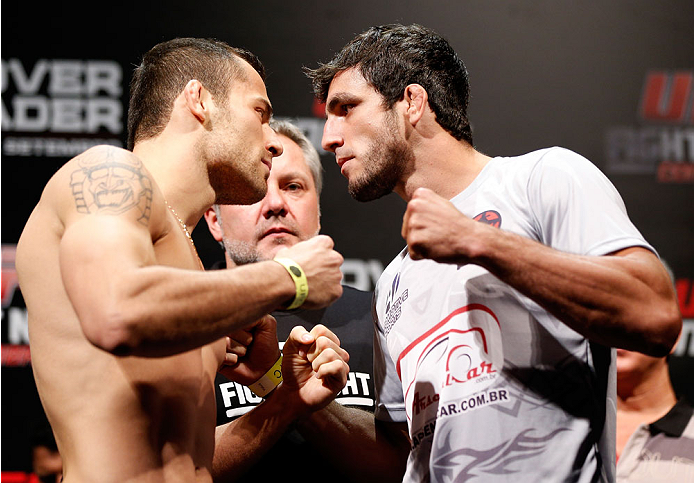 BELO HORIZONTE, BRAZIL - SEPTEMBER 03: (L-R) Opponents Joao Zeferino and Elias Silverio face off during the UFC weigh-in event at Mineirinho Arena on September 3, 2013 in Belo Horizonte, Brazil. (Photo by Josh Hedges/Zuffa LLC/Zuffa LLC via Getty Images)