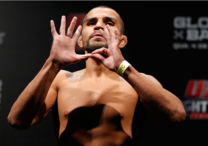BELO HORIZONTE, BRAZIL - SEPTEMBER 03: Junior Hernandez weighs in during the UFC weigh-in event at Mineirinho Arena on September 3, 2013 in Belo Horizonte, Brazil. (Photo by Josh Hedges/Zuffa LLC/Zuffa LLC via Getty Images)