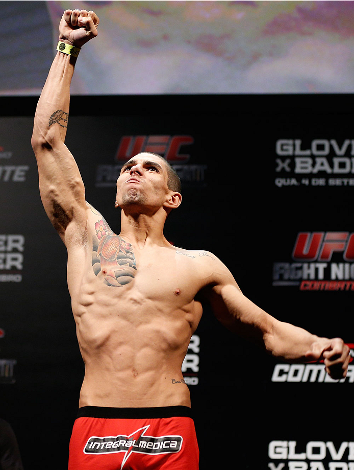 BELO HORIZONTE, BRAZIL - SEPTEMBER 03: Lucas Martins weighs in during the UFC weigh-in event at Mineirinho Arena on September 3, 2013 in Belo Horizonte, Brazil. (Photo by Josh Hedges/Zuffa LLC/Zuffa LLC via Getty Images)