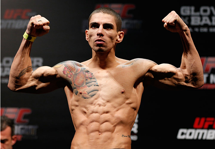BELO HORIZONTE, BRAZIL - SEPTEMBER 03: Lucas Martins weighs in during the UFC weigh-in event at Mineirinho Arena on September 3, 2013 in Belo Horizonte, Brazil. (Photo by Josh Hedges/Zuffa LLC/Zuffa LLC via Getty Images)