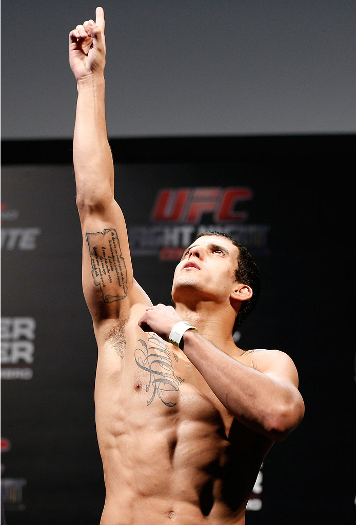 BELO HORIZONTE, BRAZIL - SEPTEMBER 03: Felipe Arantes weighs in during the UFC weigh-in event at Mineirinho Arena on September 3, 2013 in Belo Horizonte, Brazil. (Photo by Josh Hedges/Zuffa LLC/Zuffa LLC via Getty Images)
