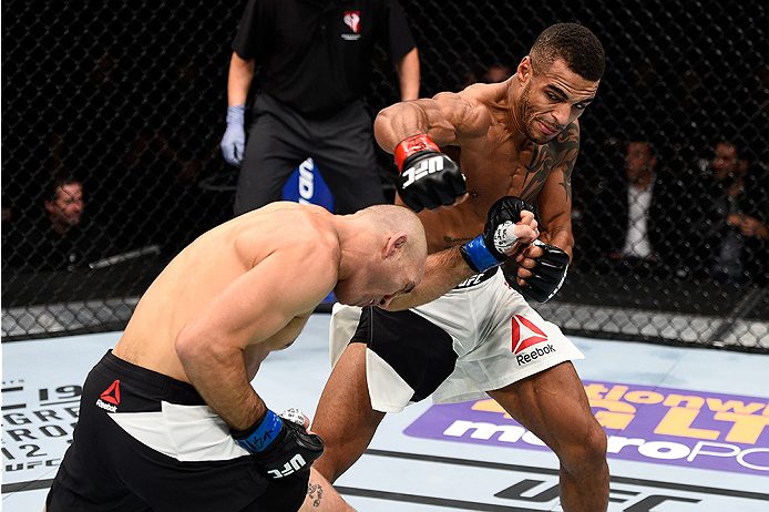 LAS VEGAS, NEVADA - DECEMBER 10: (Top) Danny Roberts punches Nathan Coy in their welterweight bout during the UFC Fight Night event at The Chelsea at the Cosmopolitan of Las Vegas on December 10, 2015 in Las Vegas, Nevada. (Photo by Jeff Bottari/Zuffa L