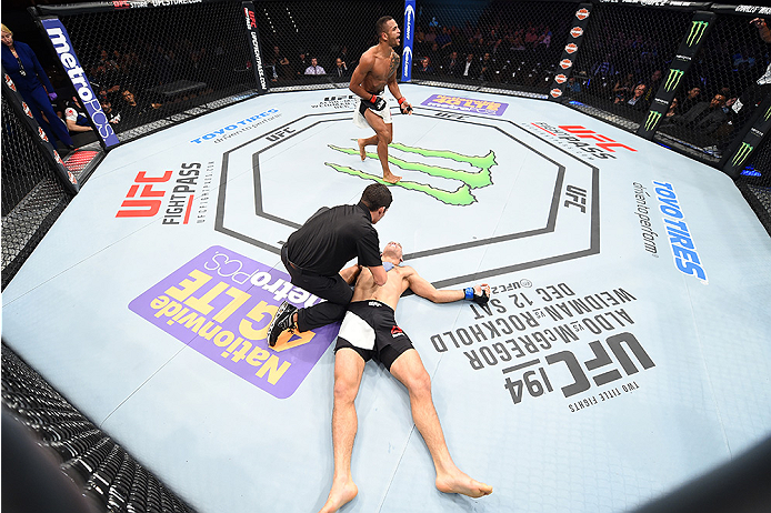 LAS VEGAS, NEVADA - DECEMBER 10: (Top) Danny Roberts celebrates his win over Nathan Coy in their welterweight bout during the UFC Fight Night event at The Chelsea at the Cosmopolitan of Las Vegas on December 10, 2015 in Las Vegas, Nevada. (Photo by Jeff