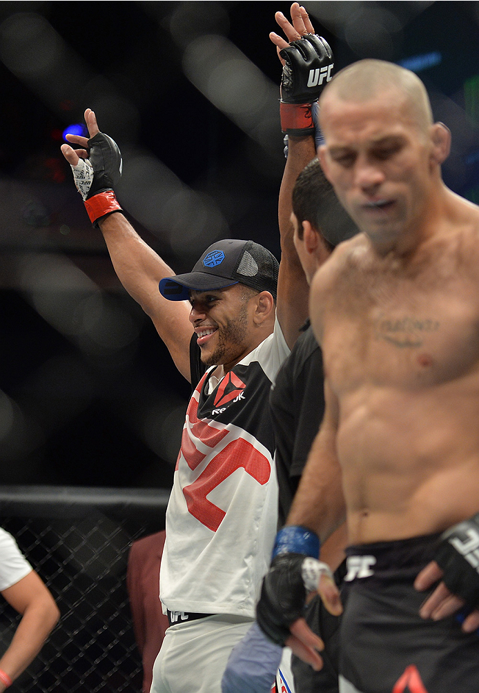 LAS VEGAS, NEVADA - DECEMBER 10: (L) Danny Roberts celebrates his win over Nathan Coy in their welterweight bout during the UFC Fight Night event at The Chelsea at the Cosmopolitan of Las Vegas on December 10, 2015 in Las Vegas, Nevada. (Photo by Brando