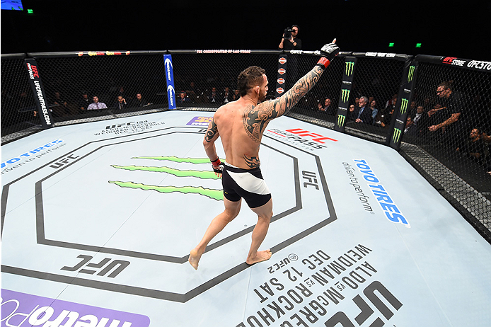 LAS VEGAS, NEVADA - DECEMBER 10: Santiago Ponzinibbio celebrates his win over Andreas Stahl in their welterweight bout during the UFC Fight Night event at The Chelsea at the Cosmopolitan of Las Vegas on December 10, 2015 in Las Vegas, Nevada. (Photo by