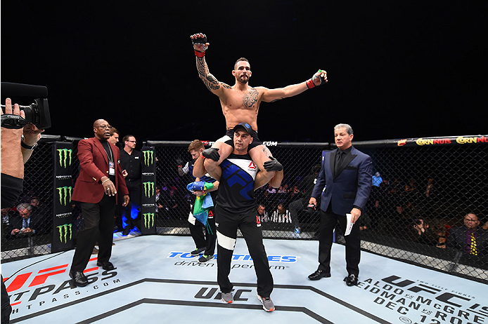 LAS VEGAS, NEVADA - DECEMBER 10: Santiago Ponzinibbio celebrates his win over Andreas Stahl in their welterweight bout during the UFC Fight Night event at The Chelsea at the Cosmopolitan of Las Vegas on December 10, 2015 in Las Vegas, Nevada. (Photo by