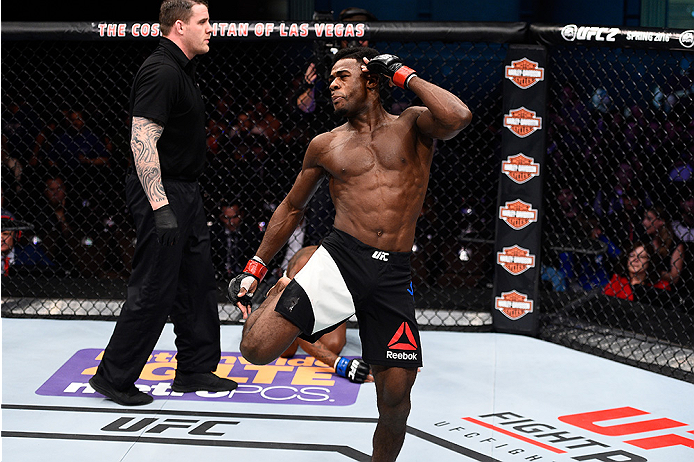 LAS VEGAS, NEVADA - DECEMBER 10: Aljamain Sterling celebrates his win over Johnny Eduardo in their bantamweight bout during the UFC Fight Night event at The Chelsea at the Cosmopolitan of Las Vegas on December 10, 2015 in Las Vegas, Nevada. (Photo by Je
