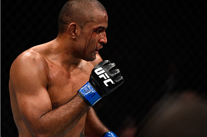 LAS VEGAS, NEVADA - DECEMBER 10: Sergio Moraes squares off with Omari Akhmedov in their welterweight bout during the UFC Fight Night event at The Chelsea at the Cosmopolitan of Las Vegas on December 10, 2015 in Las Vegas, Nevada. (Photo by Jeff Bottari/