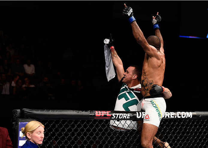 LAS VEGAS, NEVADA - DECEMBER 10: Sergio Moraes celebrates his win over Omari Akhmedov in their welterweight bout during the UFC Fight Night event at The Chelsea at the Cosmopolitan of Las Vegas on December 10, 2015 in Las Vegas, Nevada. (Photo by Jeff B