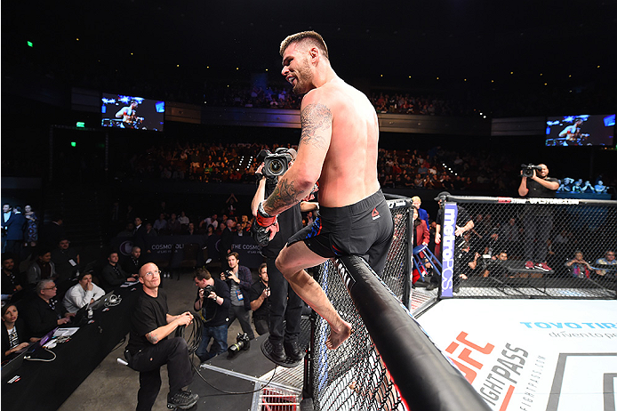 LAS VEGAS, NEVADA - DECEMBER 10: Tim Means celebrates his win over John Howard in their welterweight bout during the UFC Fight Night event at The Chelsea at the Cosmopolitan of Las Vegas on December 10, 2015 in Las Vegas, Nevada. (Photo by Jeff Bottari/